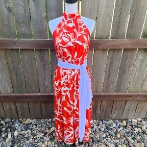 Red and White Halter Dress with Sash